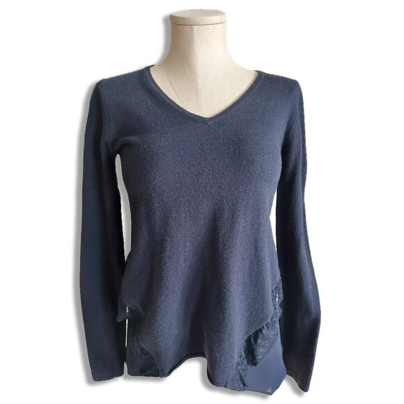 Long Sleeve Knit Top Womens Size S Navy Blue Silky Fabric and Lace Black - Picture 1 of 6